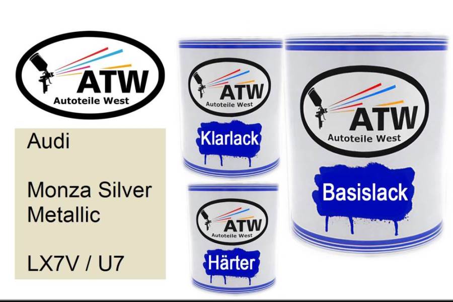 Audi, Monza Silver Metallic, LX7V / U7: 1L Lackdose + 1L Klarlack + 500ml Härter - Set, von ATW Autoteile West.